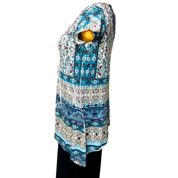 One World Womens Tunic Top XL V-Neck Blue Abstract Rhinestone Stretch Casual - Picture 3 of 7